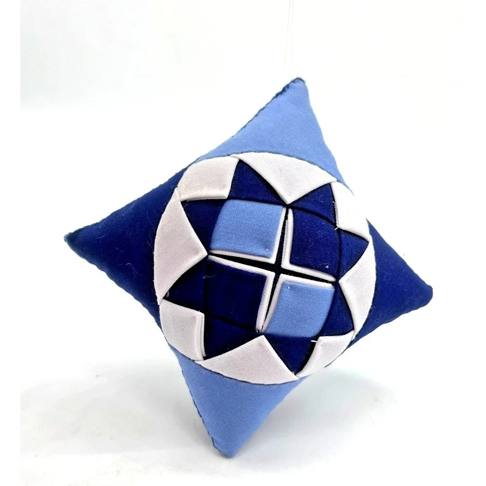 Quilted Christmas Ornament Mini Pillow Blue & White Patchwork Lao Song Vintage